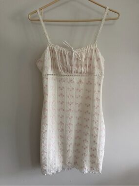 Garage Cream Mini Dress with Pink Floral Embroidery